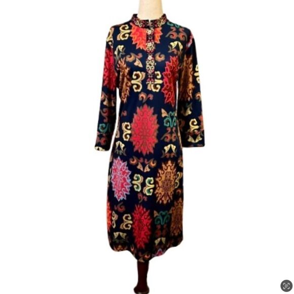 EUC Gretchen Scott Colorful Mandarin Collar Stretch Midi Length Dress Size LARGE - Picture 1 of 3